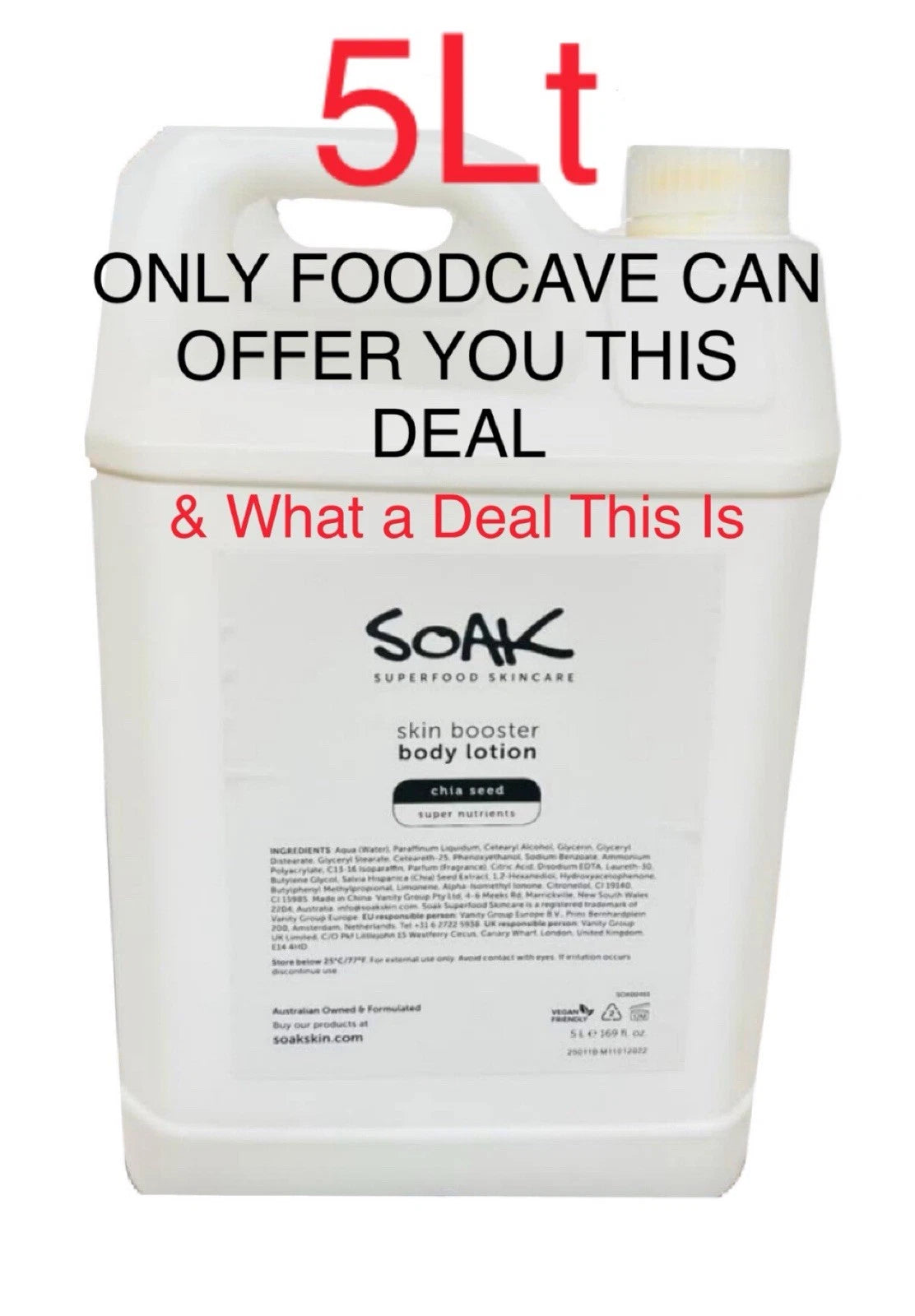 SOAK superfood skincare Skin Booster Body Lotion 5 litre brand new sealed